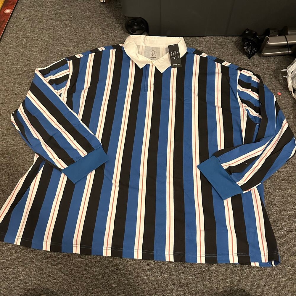 Original Use Blue Black White Long Sleeve Collared Button Size 5XL